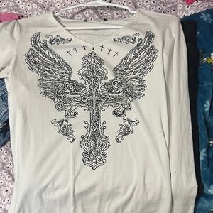 White Long Sleeve Top with Black Angel Wing Design